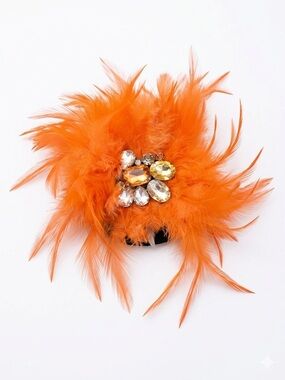 Vibrant Orange Ostrich Feather Hair Barrette with Crystal Rhinestone Centerpiece